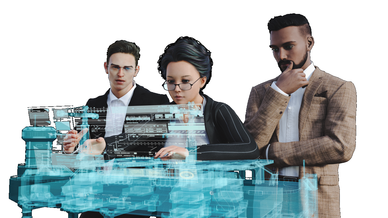 A team of experts collaborating with a digital twin in an industrial metaverse setting.